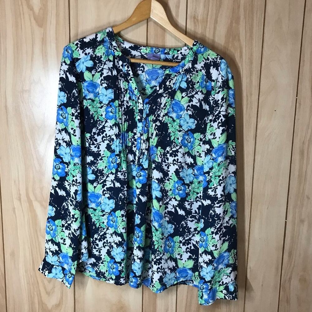 Laura Scott Casual Boho Blue Green Floral Pleated Henley Blouse Top Women XL
